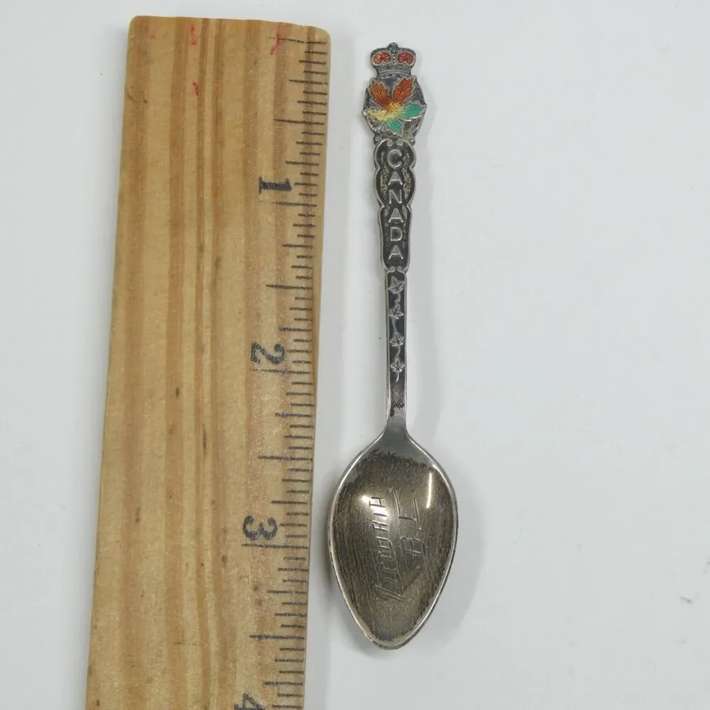 Victoria BC Canada Sterling Silver Souvenir Spoon w/ Enamel Maple Leaf Vintage